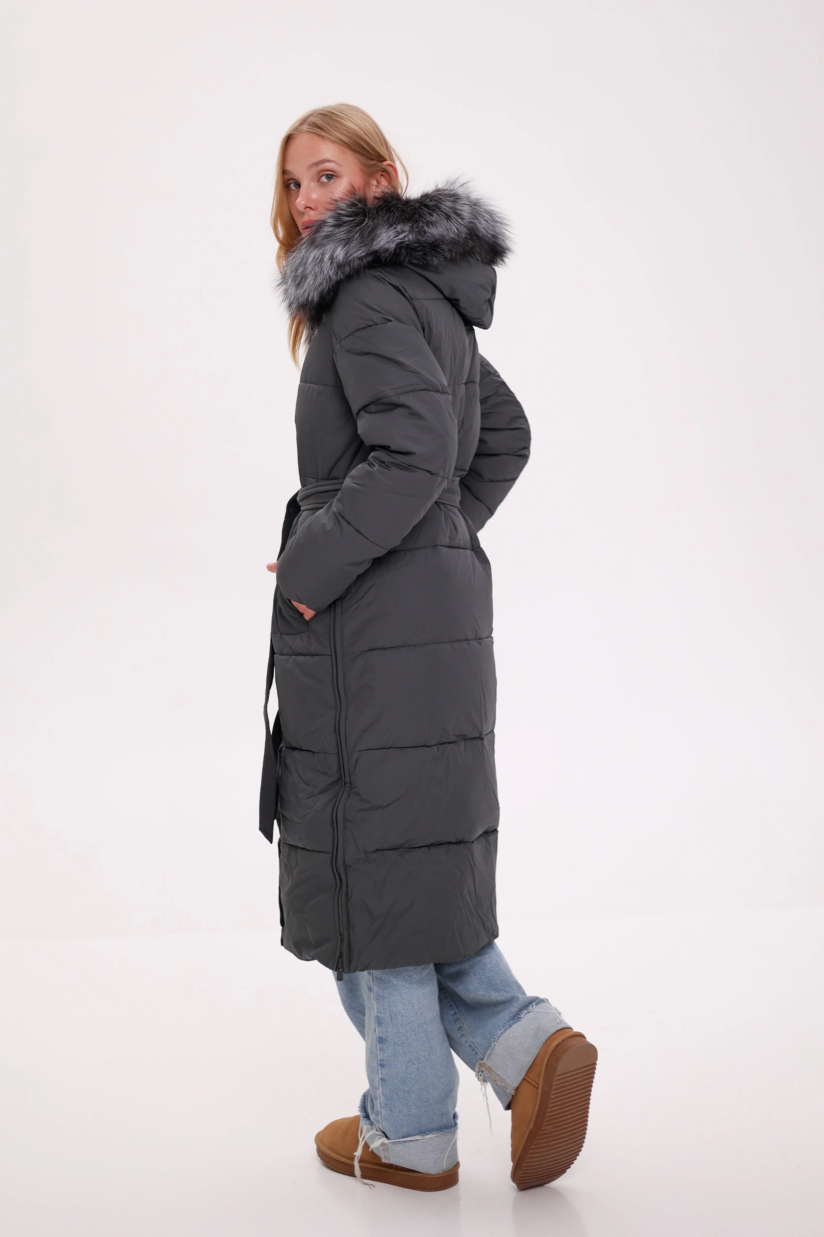 Genuine Silver Fox Belted Winter Insulated Coat