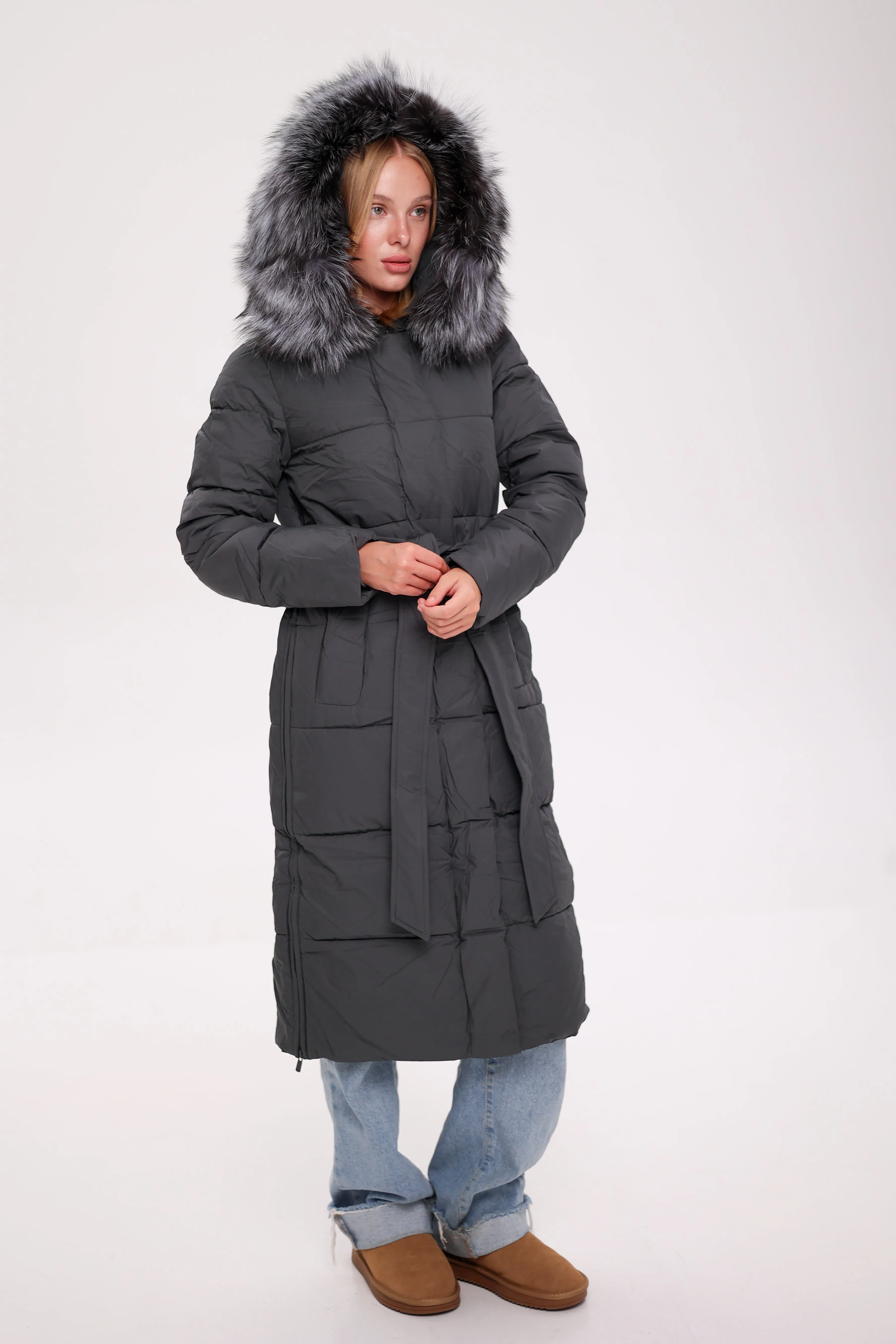 Genuine Silver Fox Belted Winter Insulated Coat