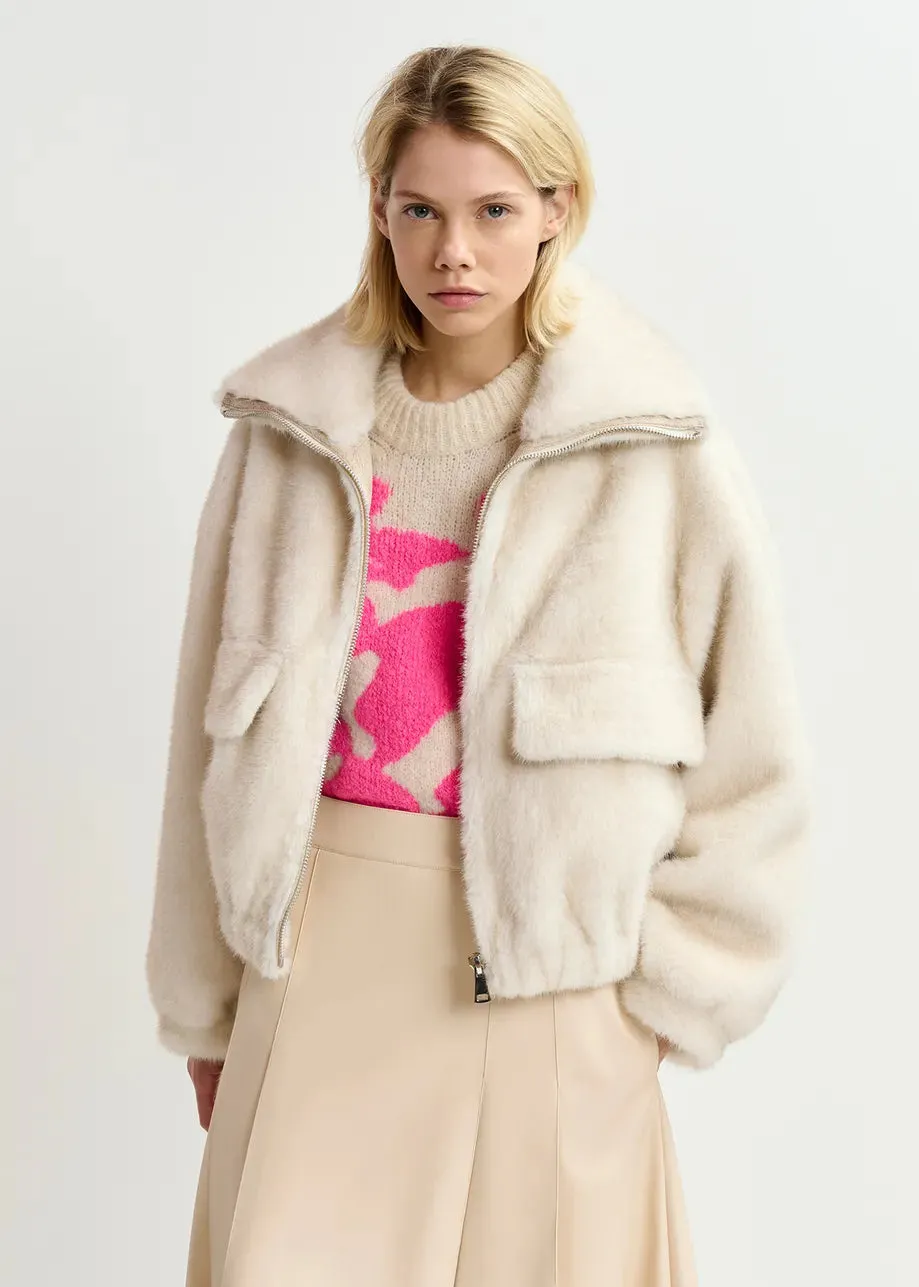 Genz Faux Fur Bomber Jacket - White