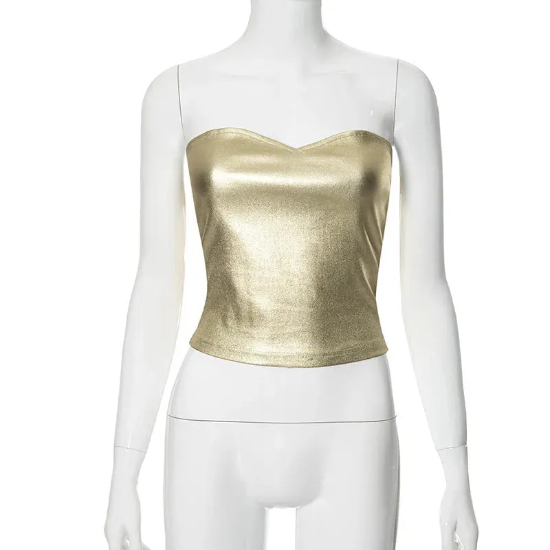 Girls PU Street Crop Tube Gold Backless Party Sexy Shoulder Slim Bodycon Ladies Off Hot Top