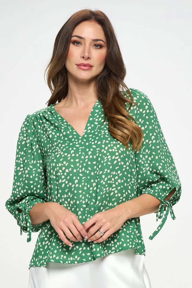 Green and white Top with Self Tie Sleeves