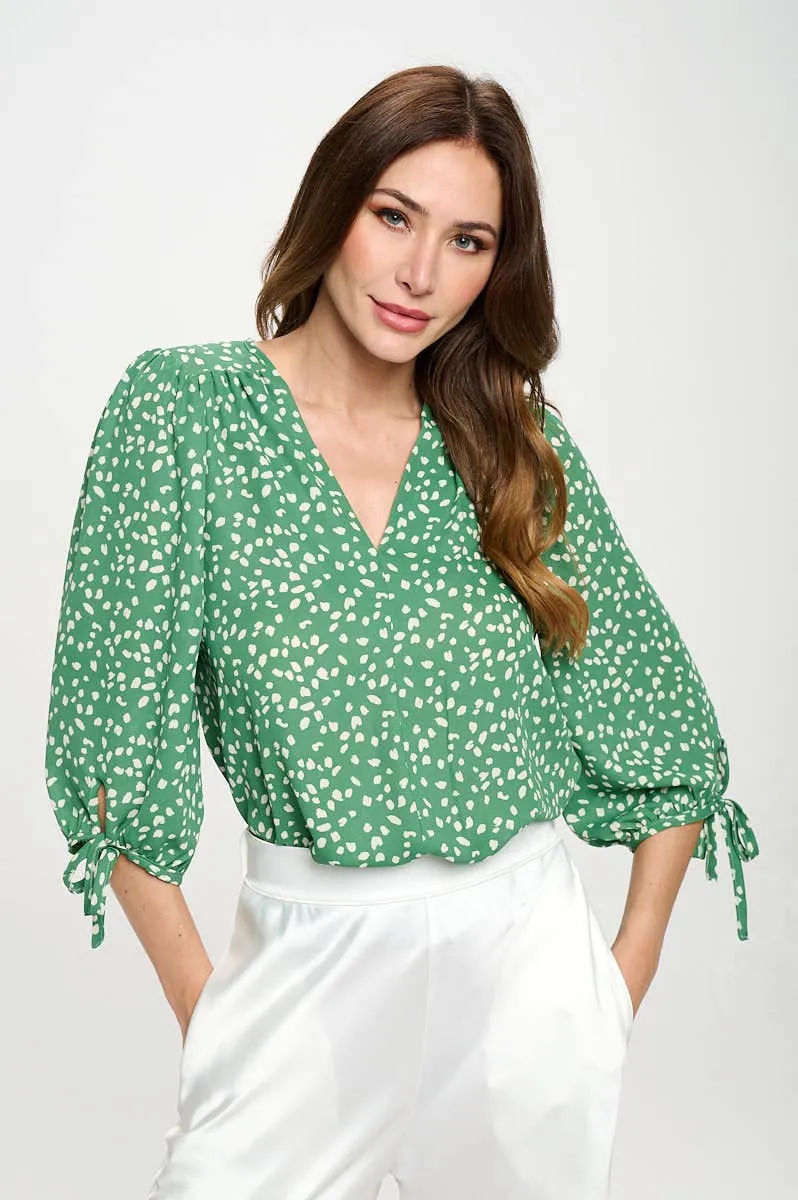 Green and white Top with Self Tie Sleeves