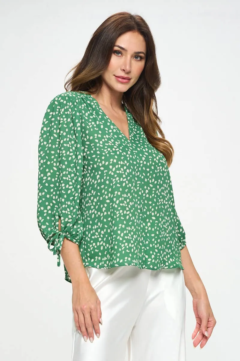 Green and white Top with Self Tie Sleeves