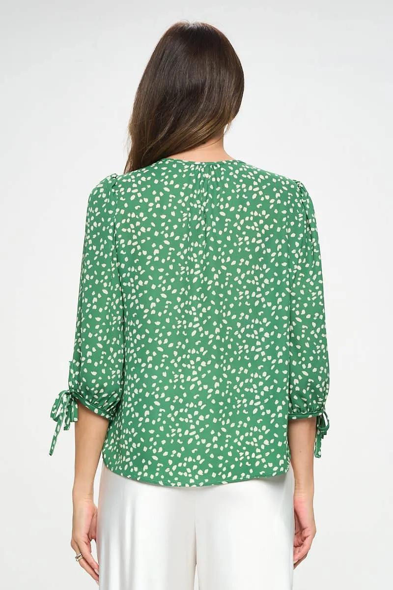 Green and white Top with Self Tie Sleeves