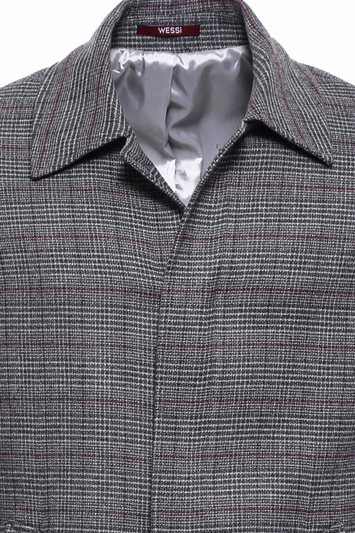 Grey Checked Hidden Button Peak Lapel Coat - Wessi