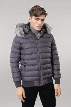 Grey Men's Puffer Coat with Fur - Wessi