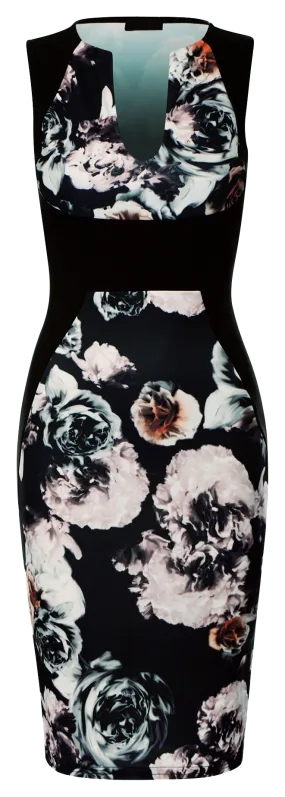 Grey Peach Multicoloured Side Panel Style Floral Bodycon Dress