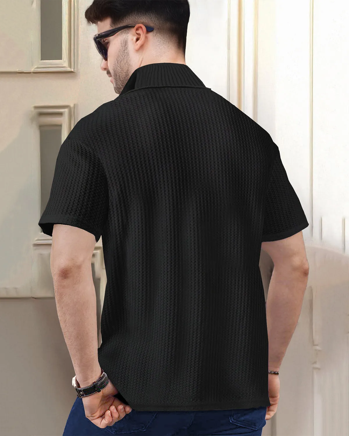 Half Sleeve Plain Zipper High Neck Waffle T-shirt / Black