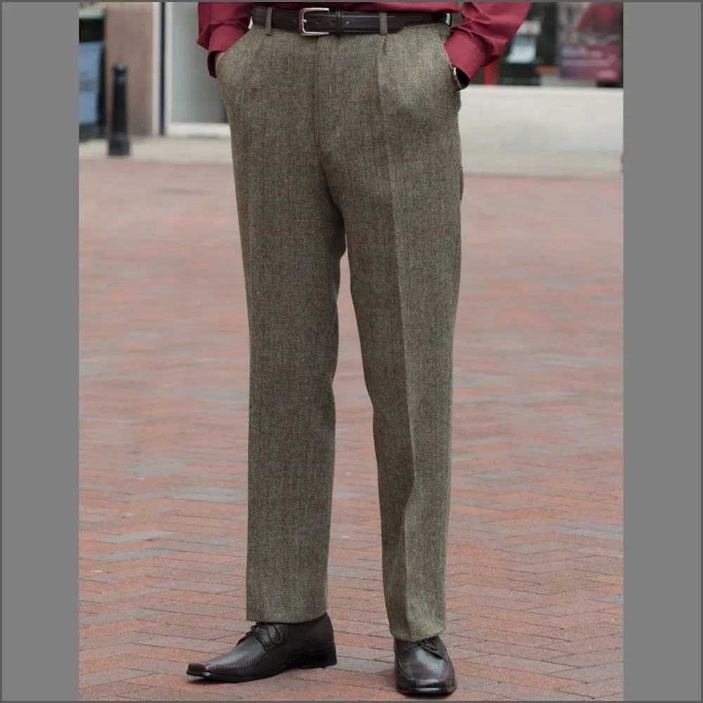 Harris Tweed Beige/Olive Herringbone Trousers--