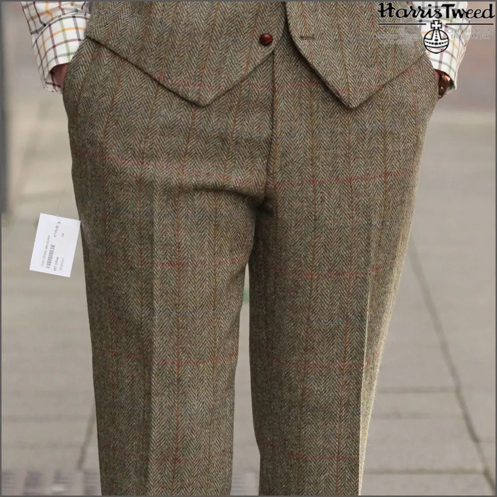 Harris Tweed Beige/Olive Herringbone Trousers--