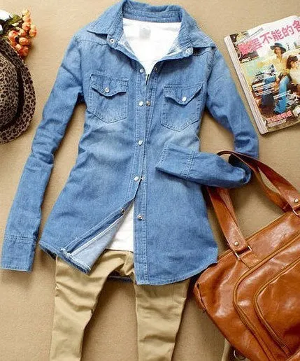 Hot sale European style women denim blouse slim jeans shirt lady's elegant quality blouse 2016 spring fashion denim blouse