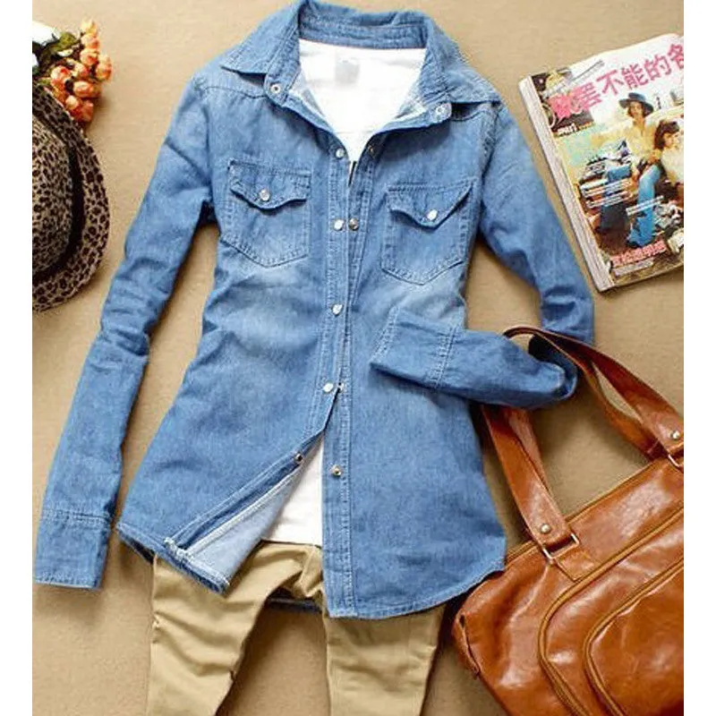 Hot sale European style women denim blouse slim jeans shirt lady's elegant quality blouse 2016 spring fashion denim blouse