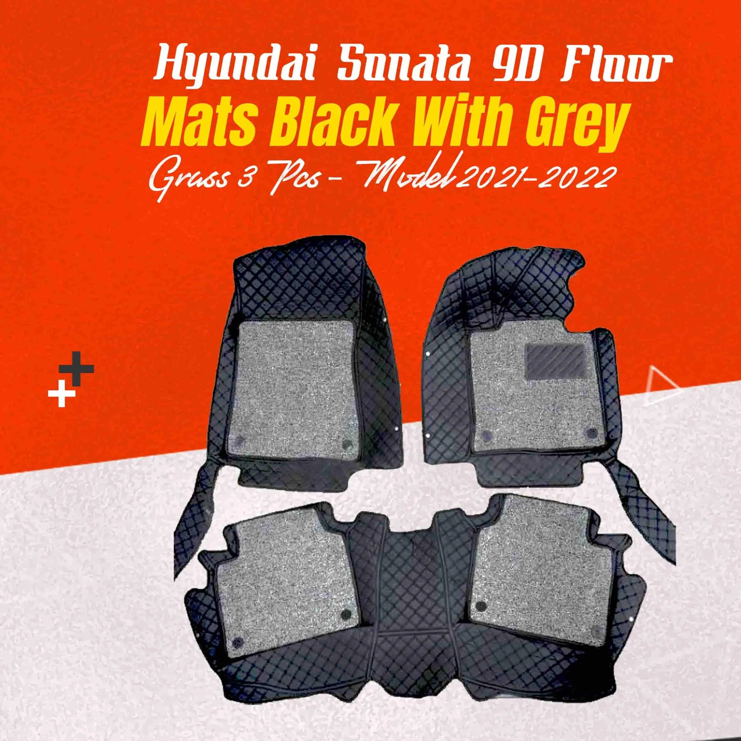 Hyundai Sonata 9D Floor Mats Mix Thread Black With Grey Grass 3 Pcs - Model 2021-2024