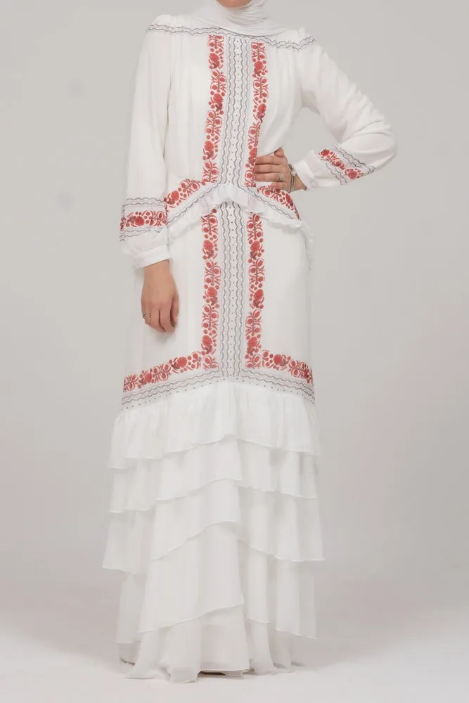 In Style chiffon long sleeve maxi dress with frills in tatreez print ecru white