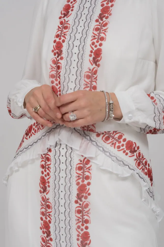 In Style chiffon long sleeve maxi dress with frills in tatreez print ecru white