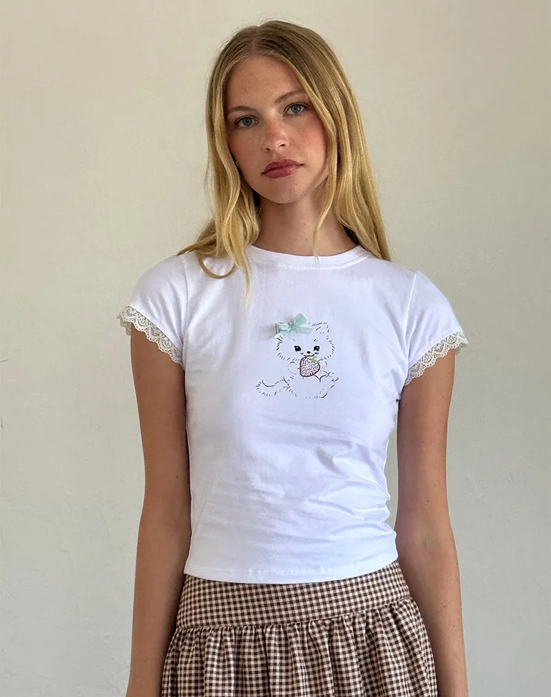 Izzy Tee in White with Strawberry Cat Print