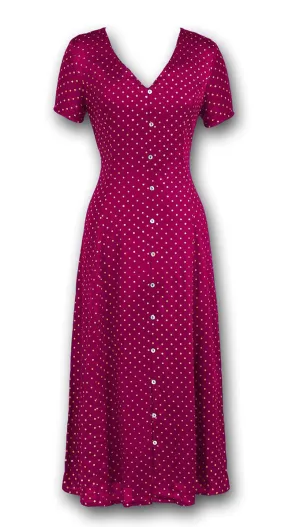 J. Peterman Women's V-Neckline Short Sleeve Button Front Satin Flowy Maxi Dress with Mini Polka Dots