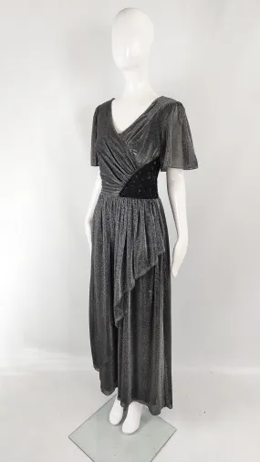 John Charles Vintage 70s Silver Lurex & Black Lace Evening Dress, 1970s