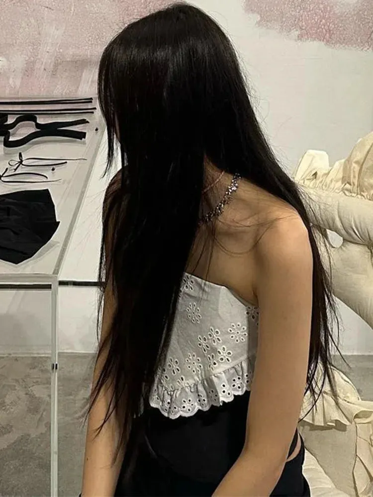 Lace Clothing Sexy 2024 Hollow Shoulders Club the Splice Crop Off Sleeveless Slim Out Bodycon Top