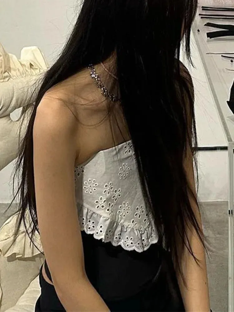 Lace Clothing Sexy 2024 Hollow Shoulders Club the Splice Crop Off Sleeveless Slim Out Bodycon Top