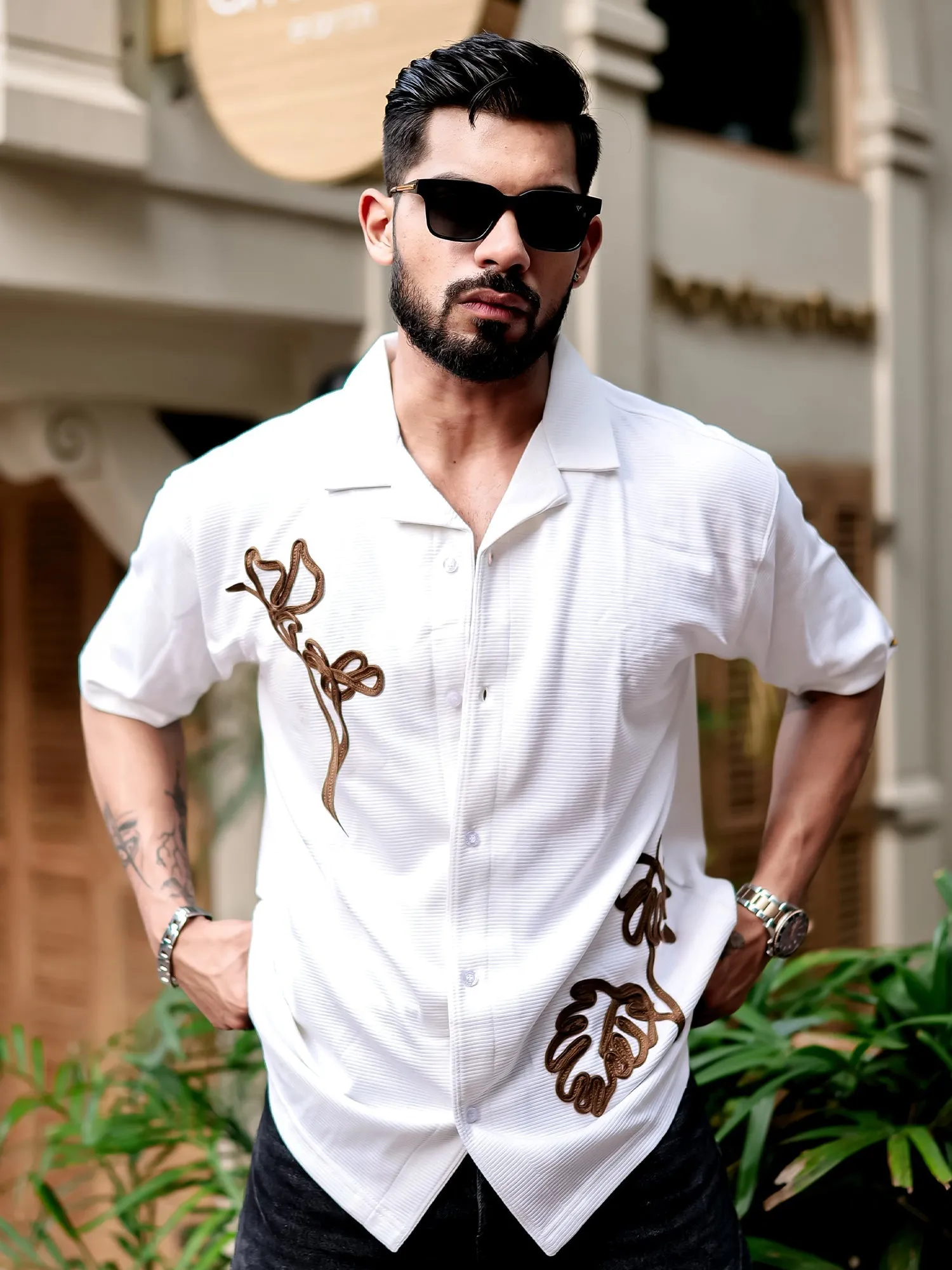 Leaf Embroidery Half White Cotton Shirt