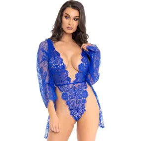 Leg Avenue Sexy Blue Floral Lace Teddy and Robe