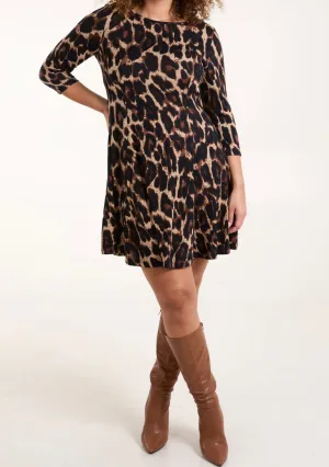 Leopard Print Fine Knit Stretchy Fit And Flare Style Midi Dress