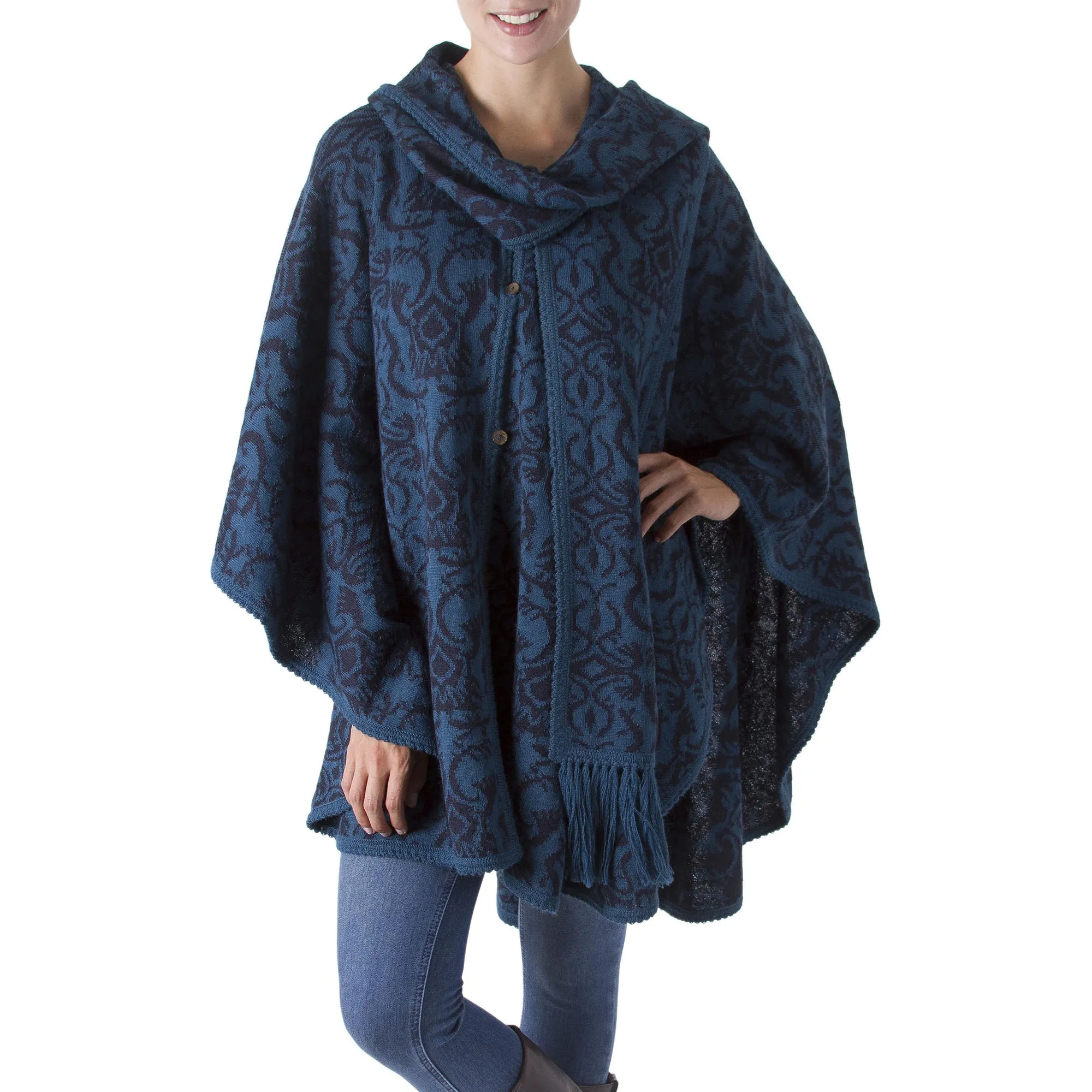 Lima Flora Blue Alpaca Blend Ruana Cloak