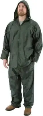 MAJESTIC - 2-Piece Hooded Waterproof Rain Suit - Green Rainsuit w/pants and attached hood