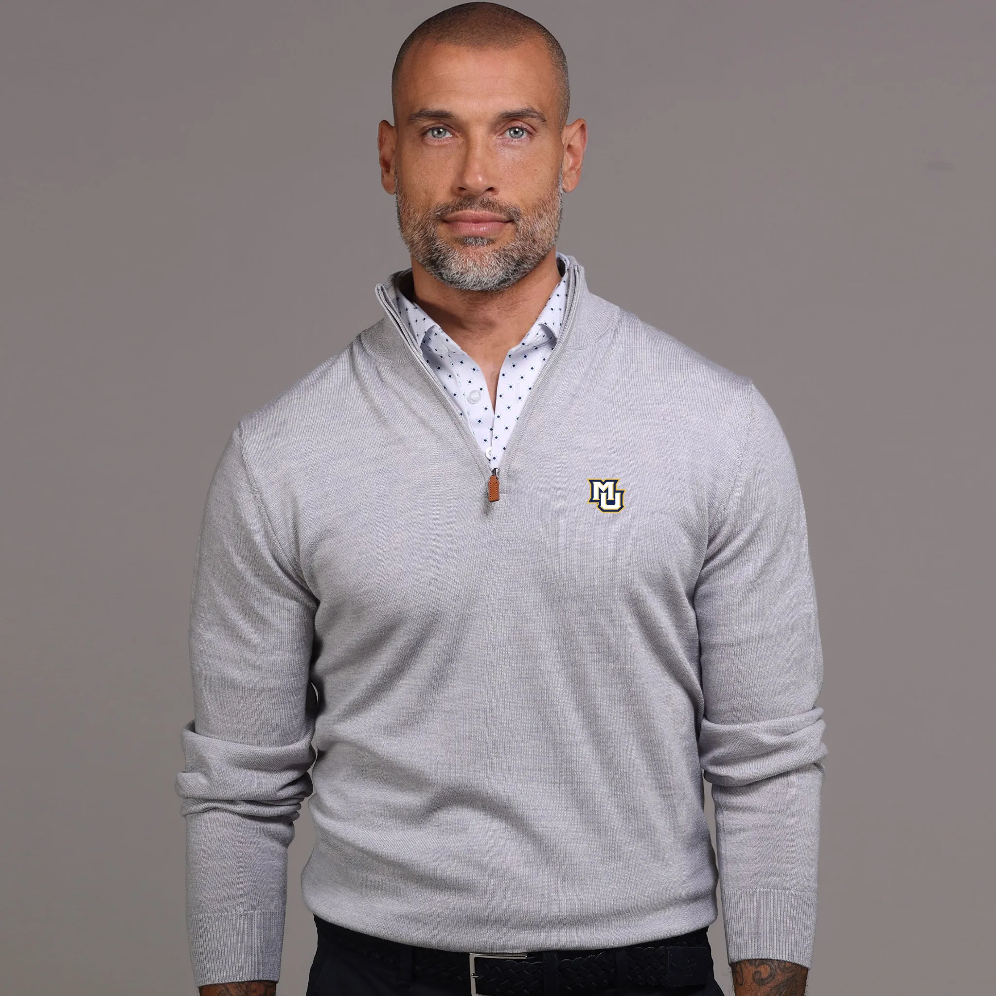 Marquette Light Grey Melange Cashmere Touch Australian Merino Quarter Zip Sweater