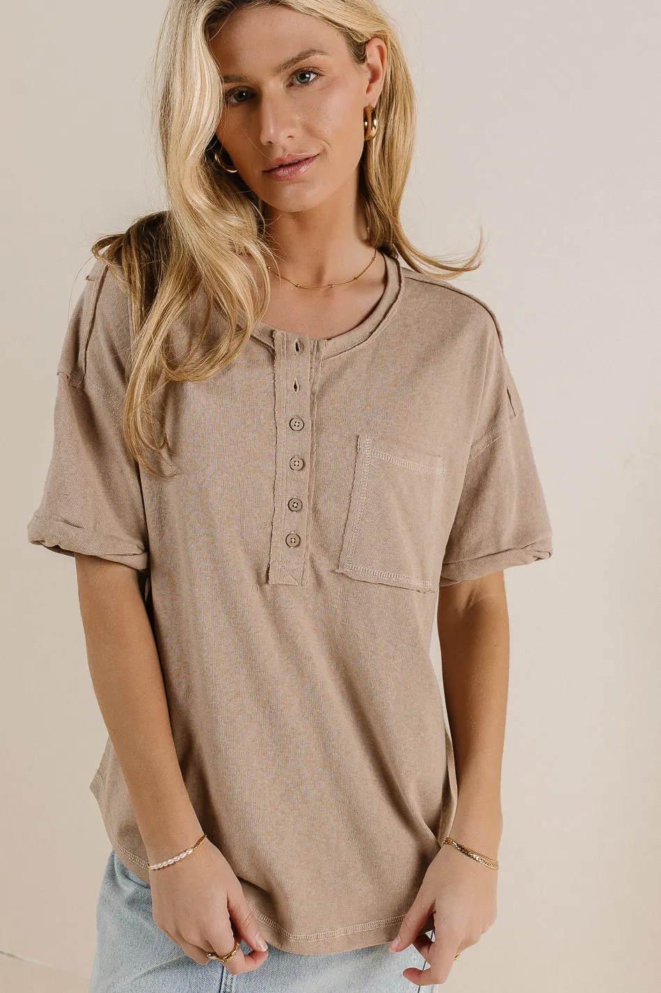 Mazzy Henley Knit Top in Taupe - FINAL SALE