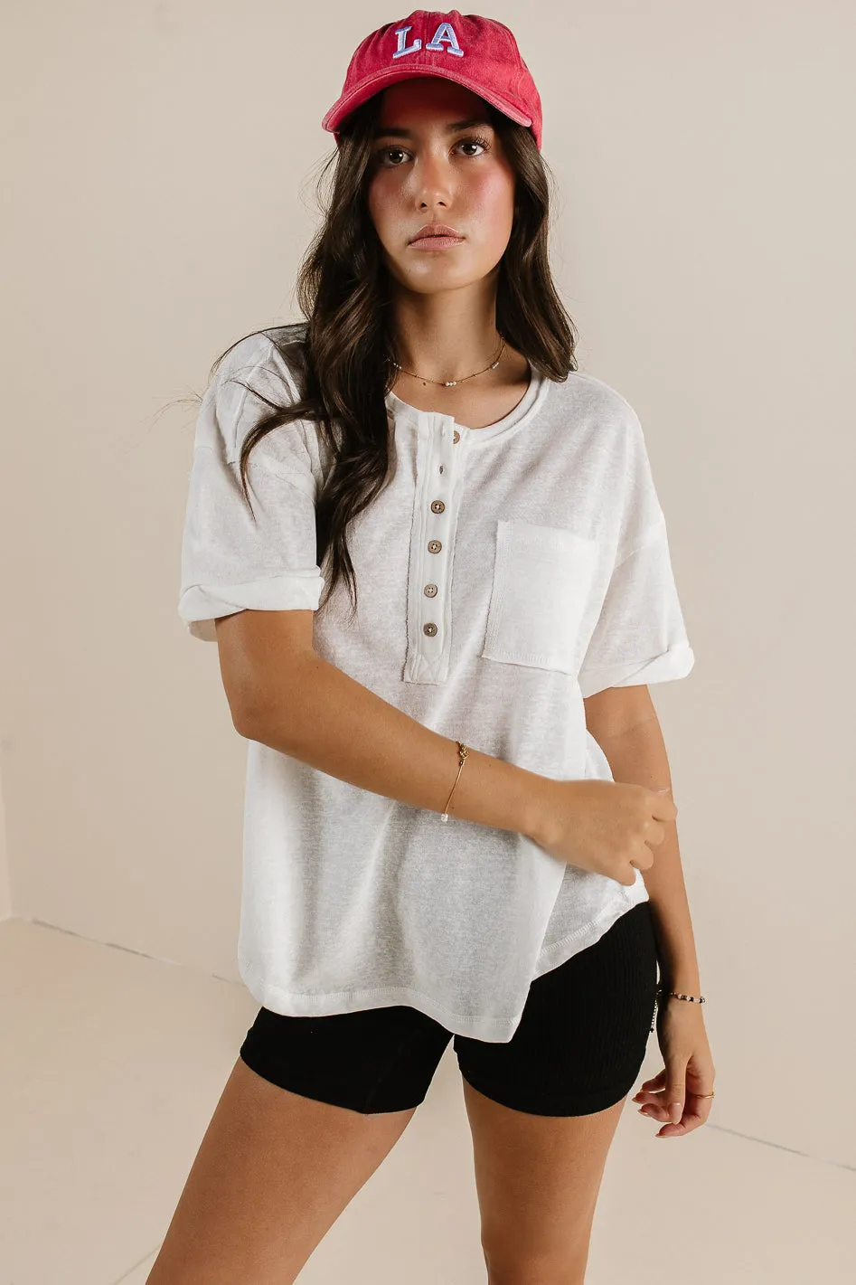 Mazzy Henley Knit Top in White - FINAL SALE