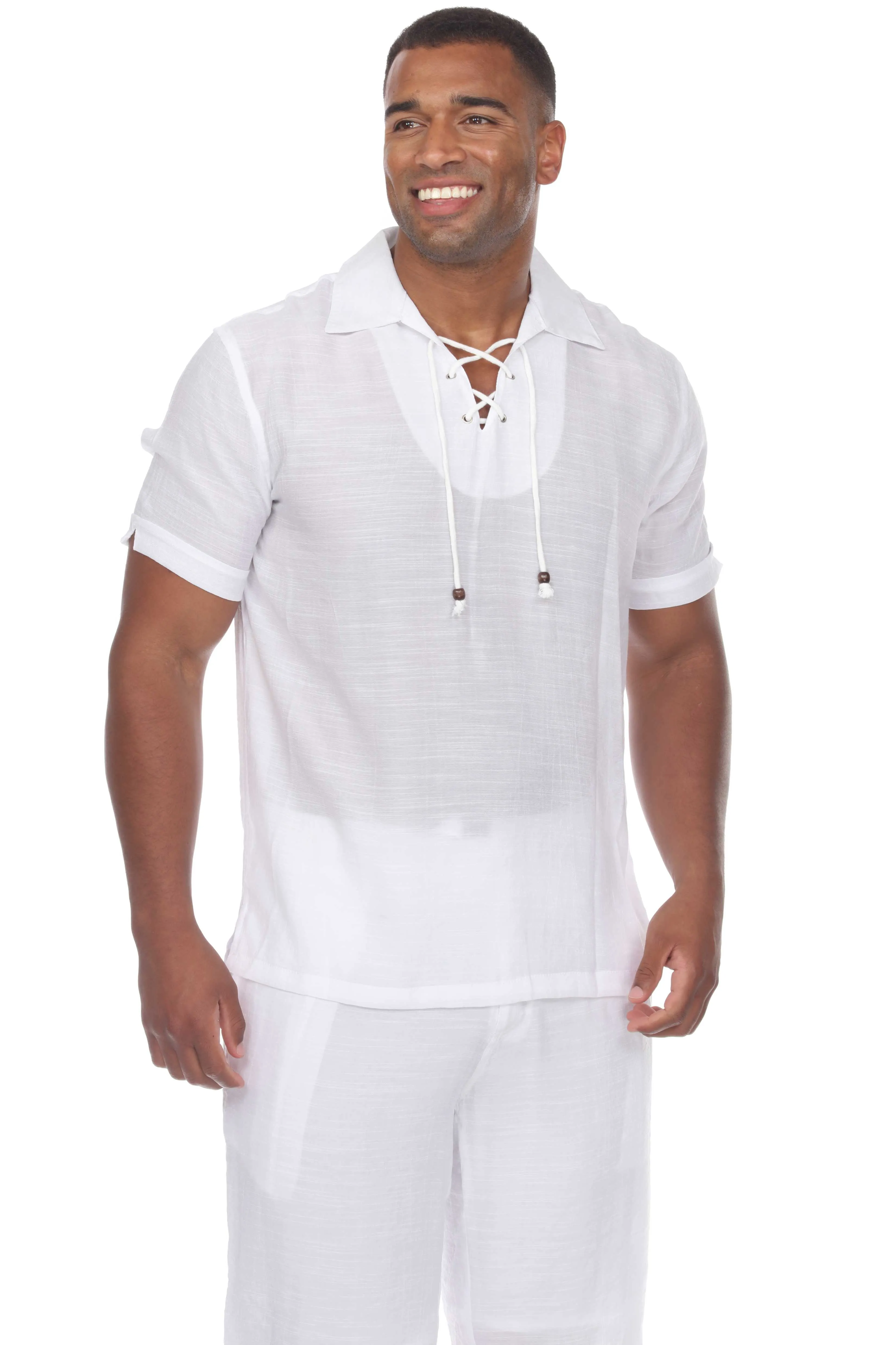 Men's Beach Casual Lace Up Shirt Short Sleeve