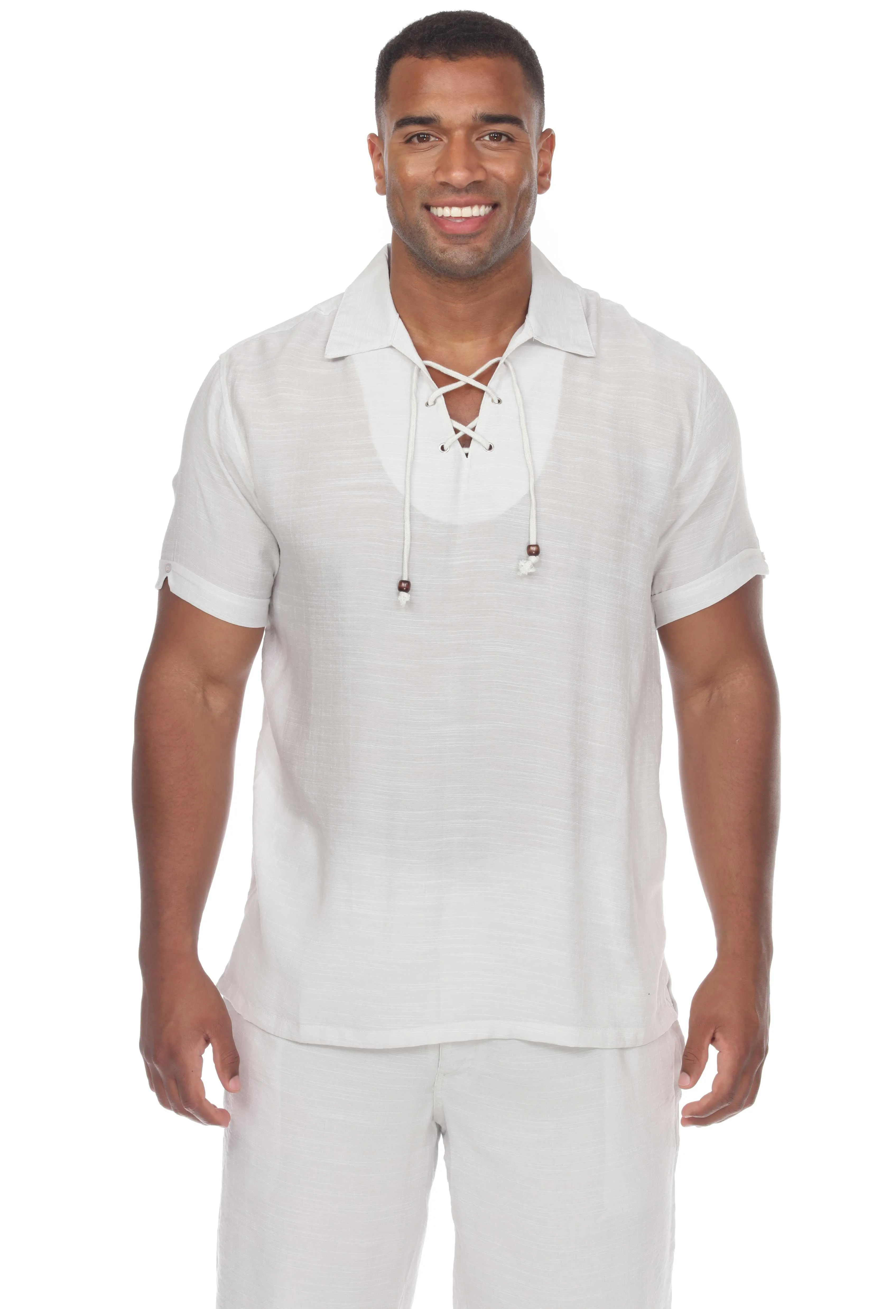 Men's Beach Casual Lace Up Shirt Short Sleeve