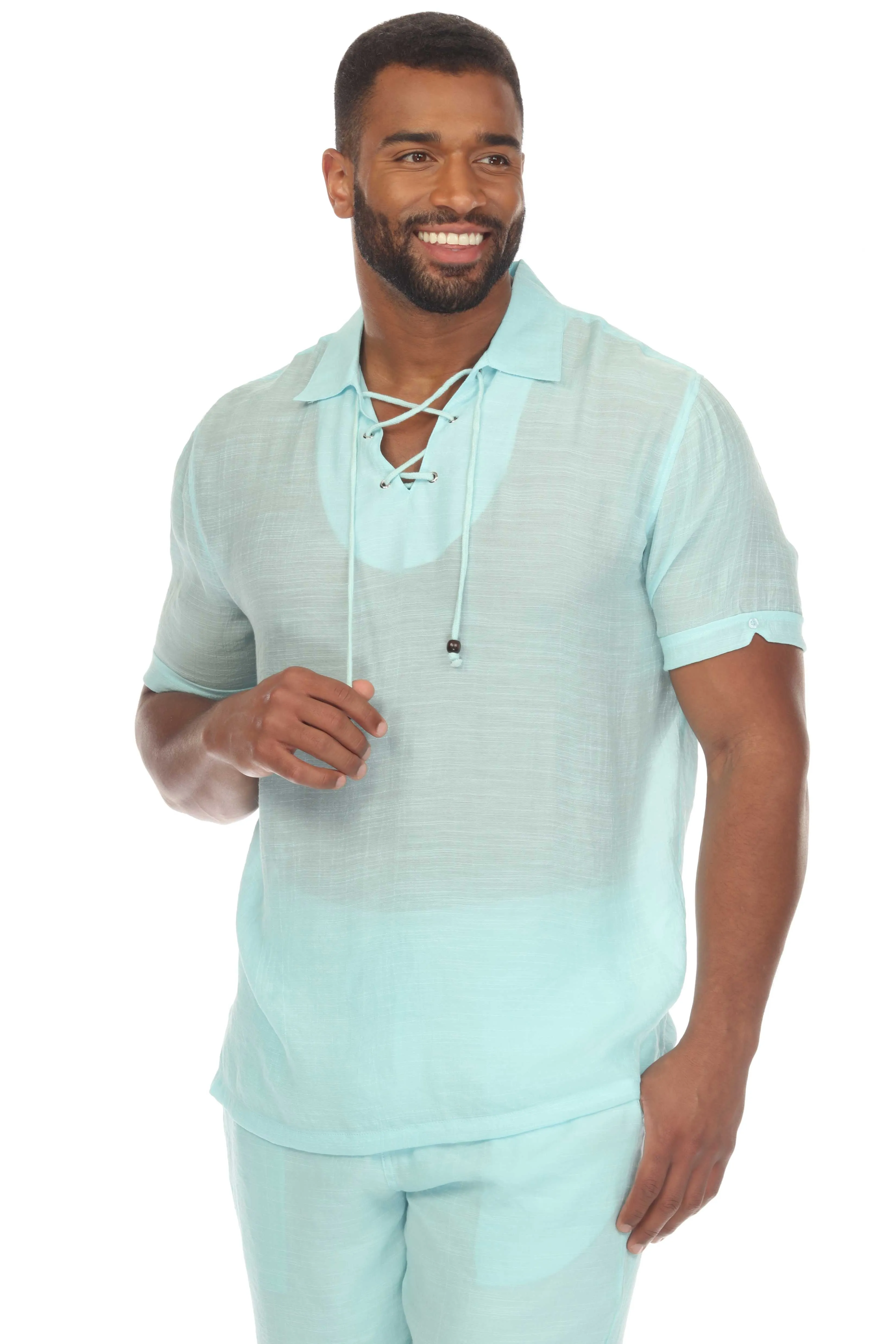 Men's Beach Casual Lace Up Shirt Short Sleeve