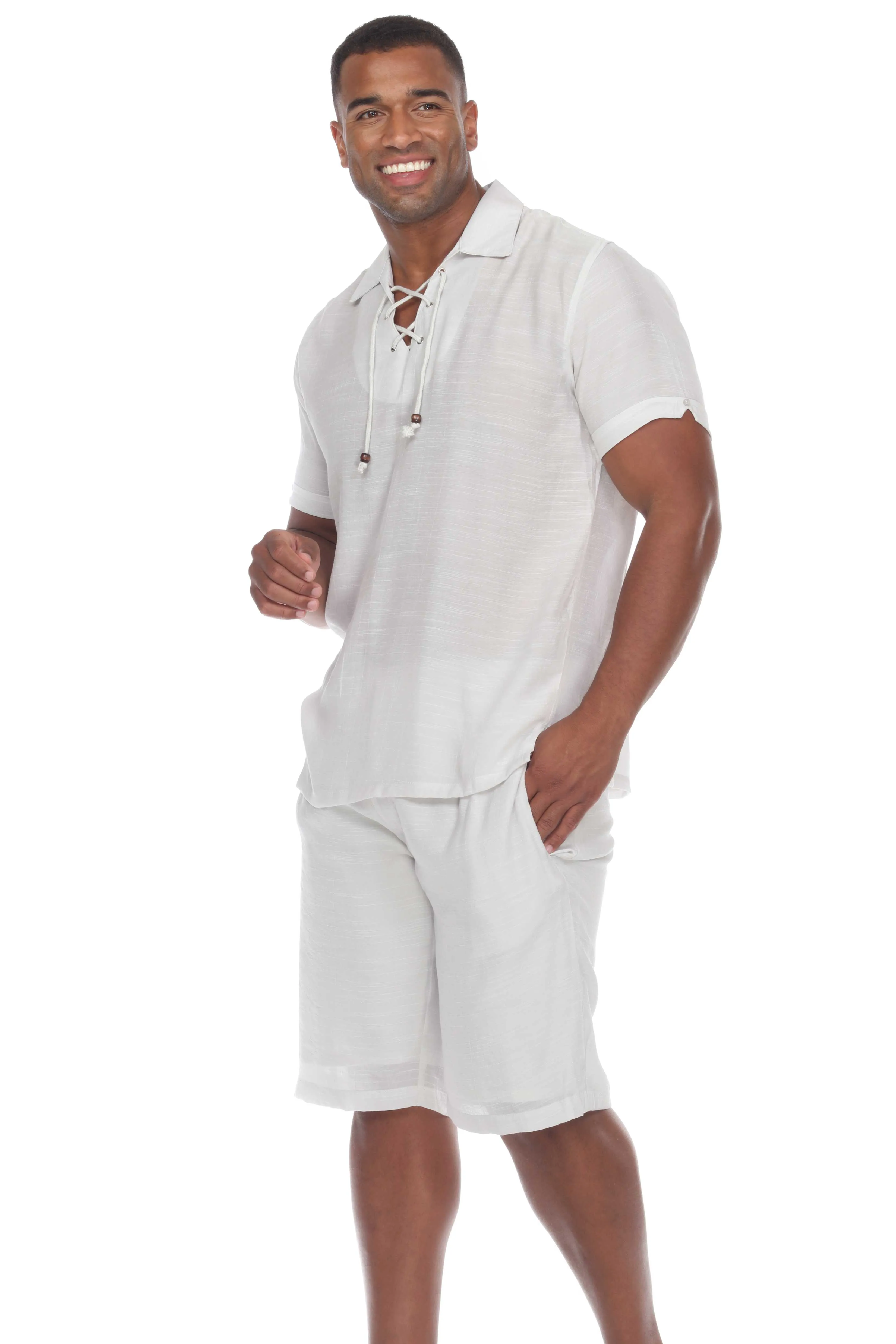 Men's Beach Casual Lace Up Shirt Short Sleeve