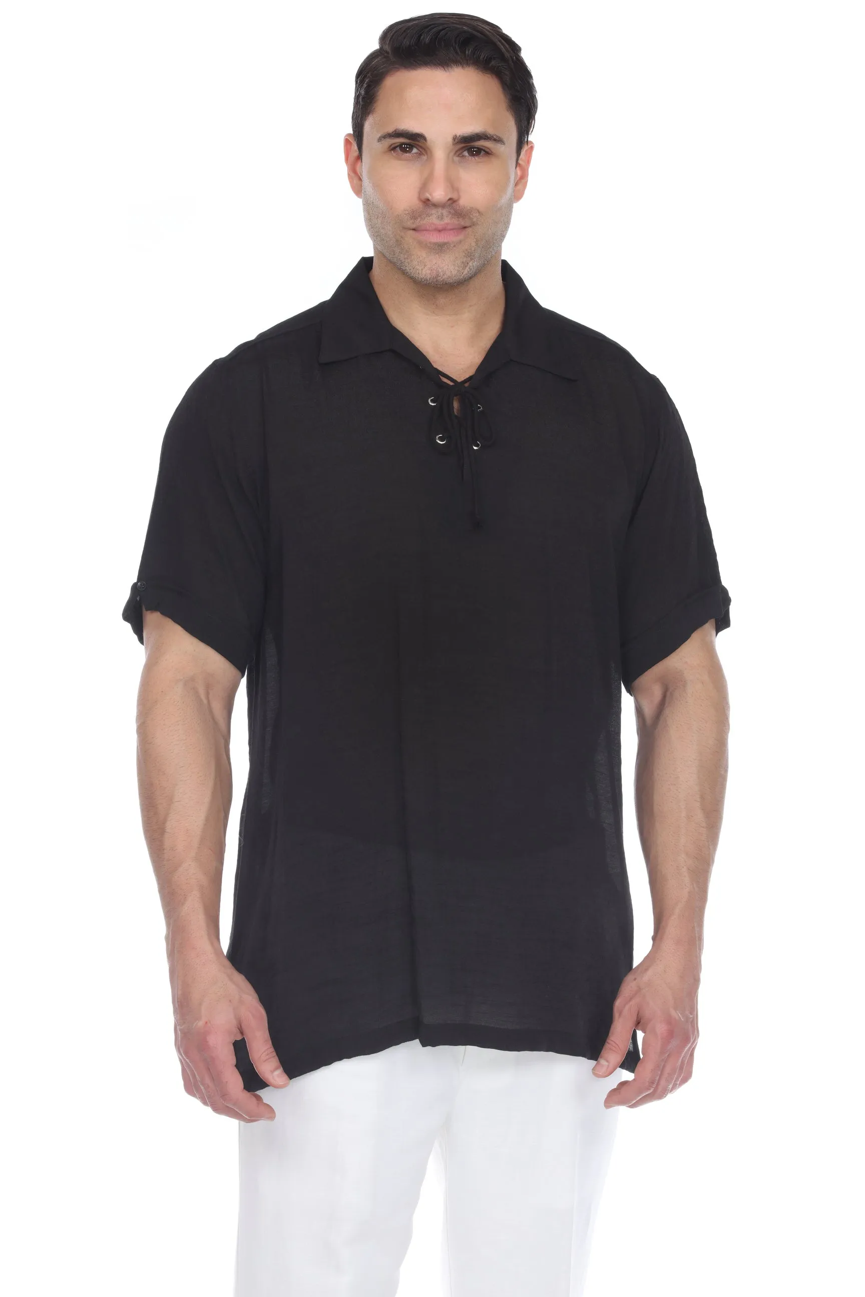 Men's Beach Casual Lace Up Shirt Short Sleeve