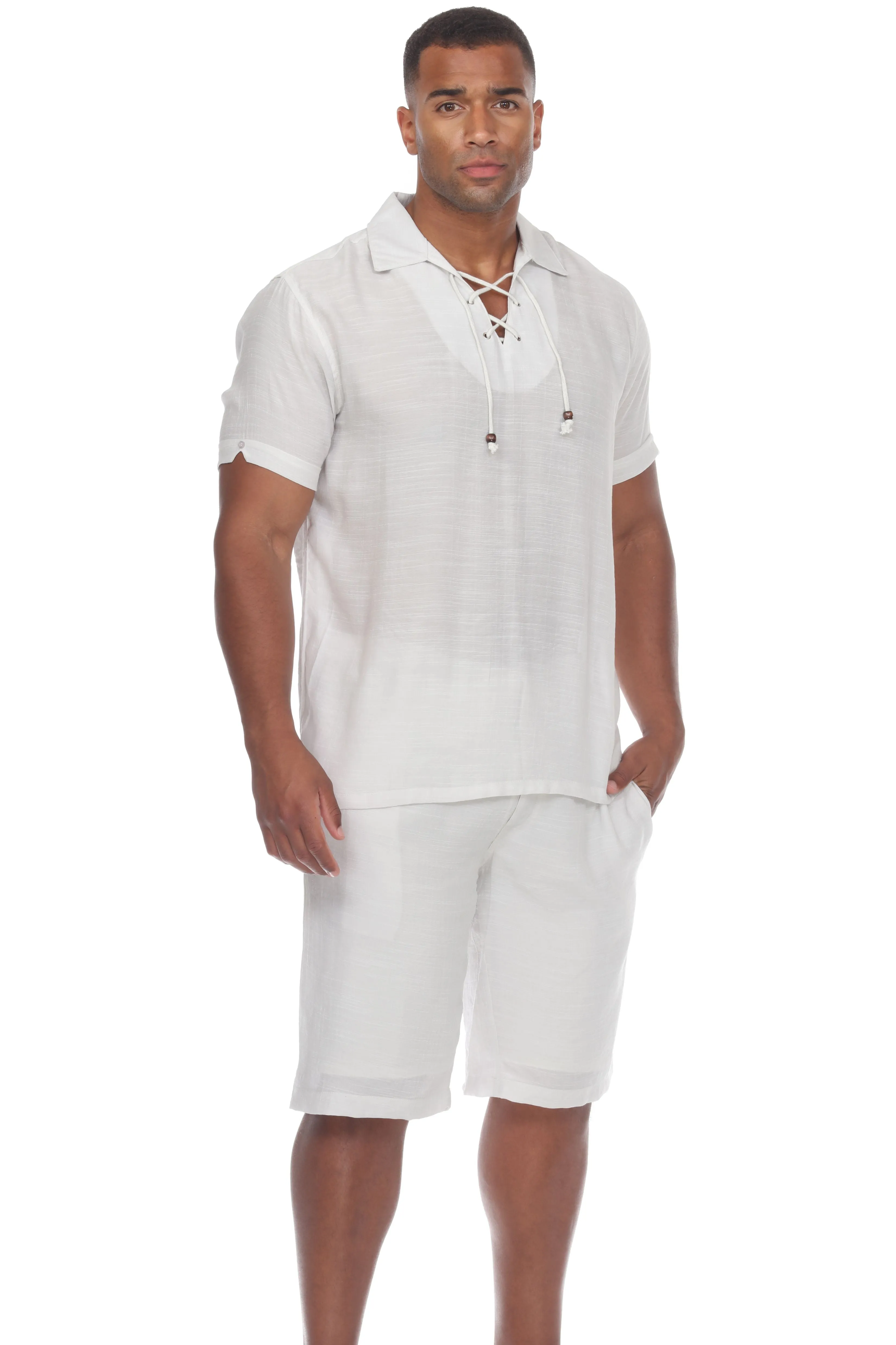 Men's Beach Casual Lace Up Shirt Short Sleeve