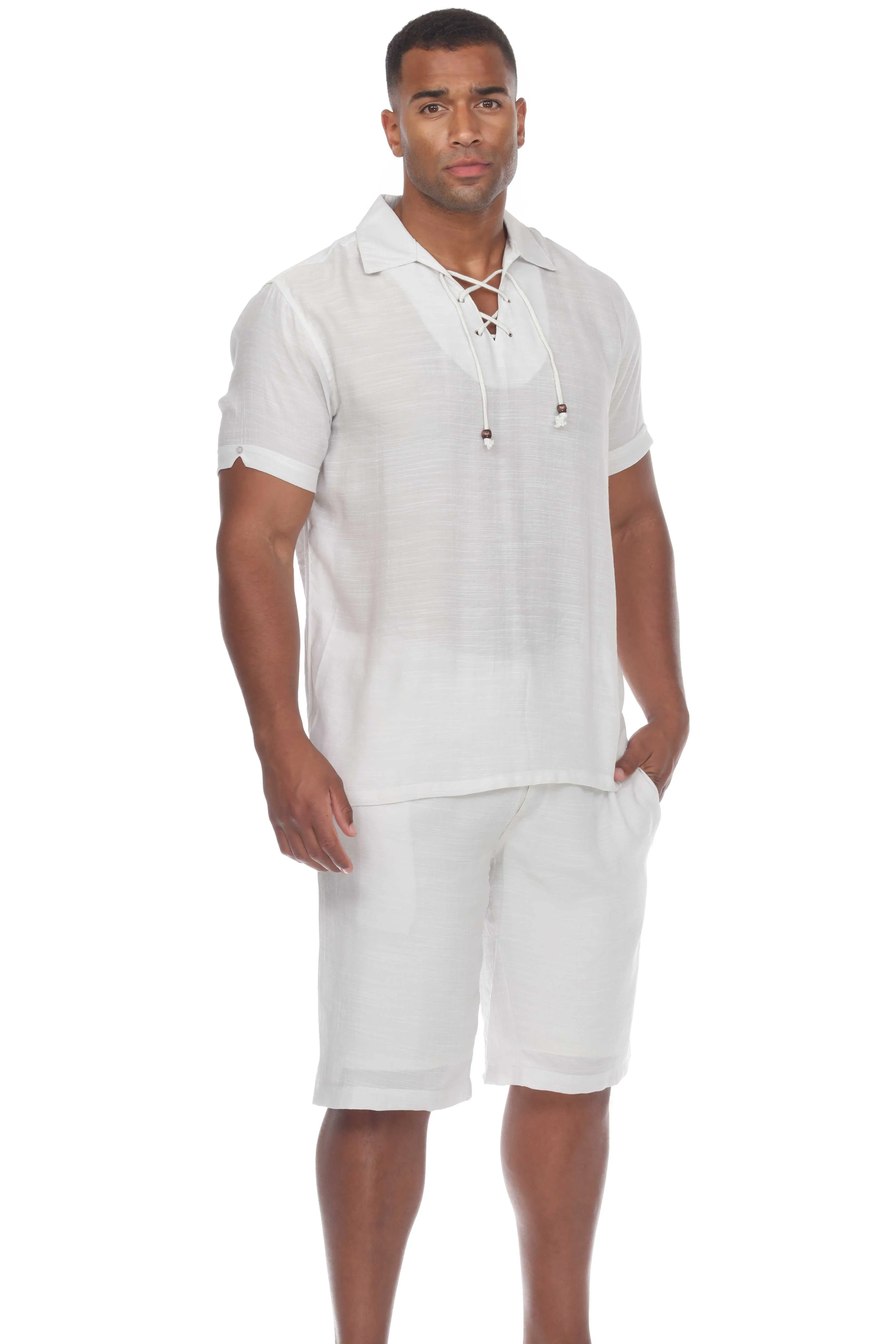 Men's Beach Casual Lace Up Shirt Short Sleeve