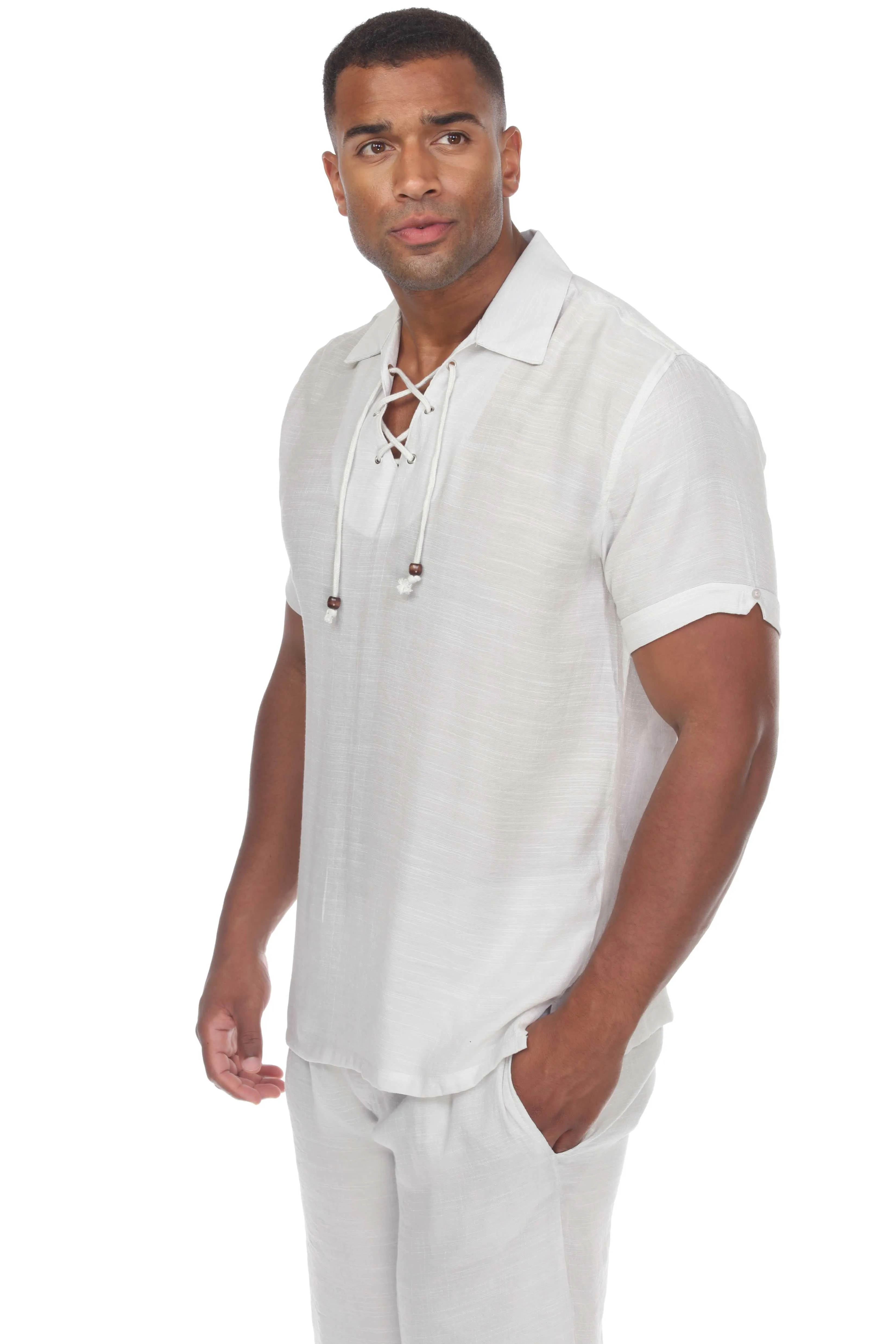 Men's Beach Casual Lace Up Shirt Short Sleeve