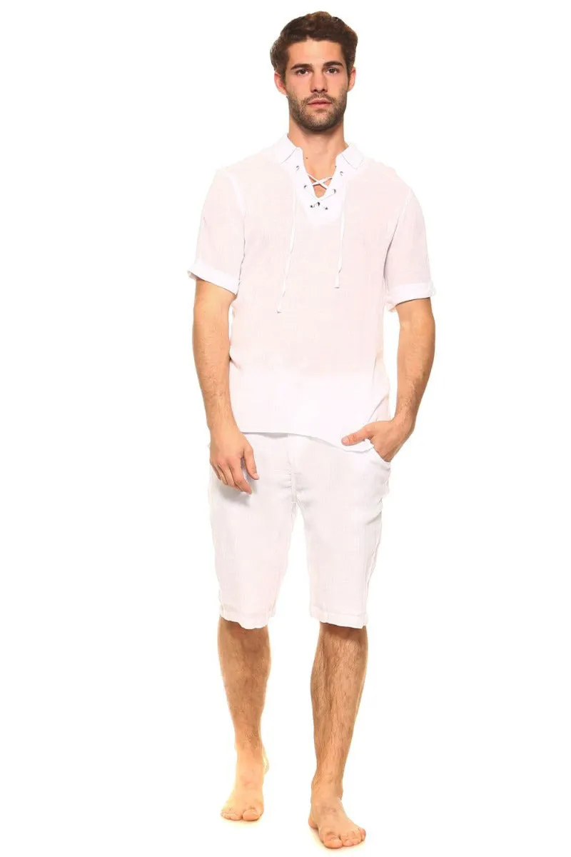 Men's Beach Casual Lace Up Shirt Short Sleeve