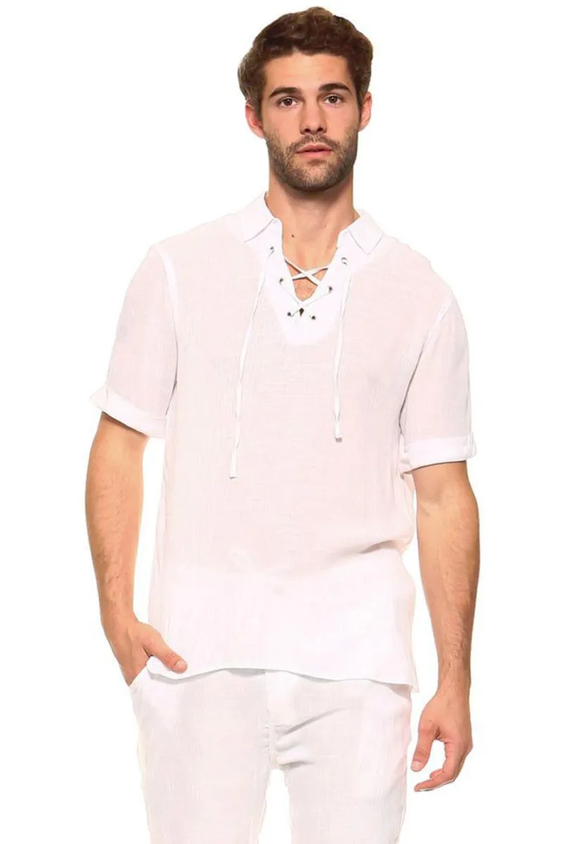 Men's Beach Casual Lace Up Shirt Short Sleeve