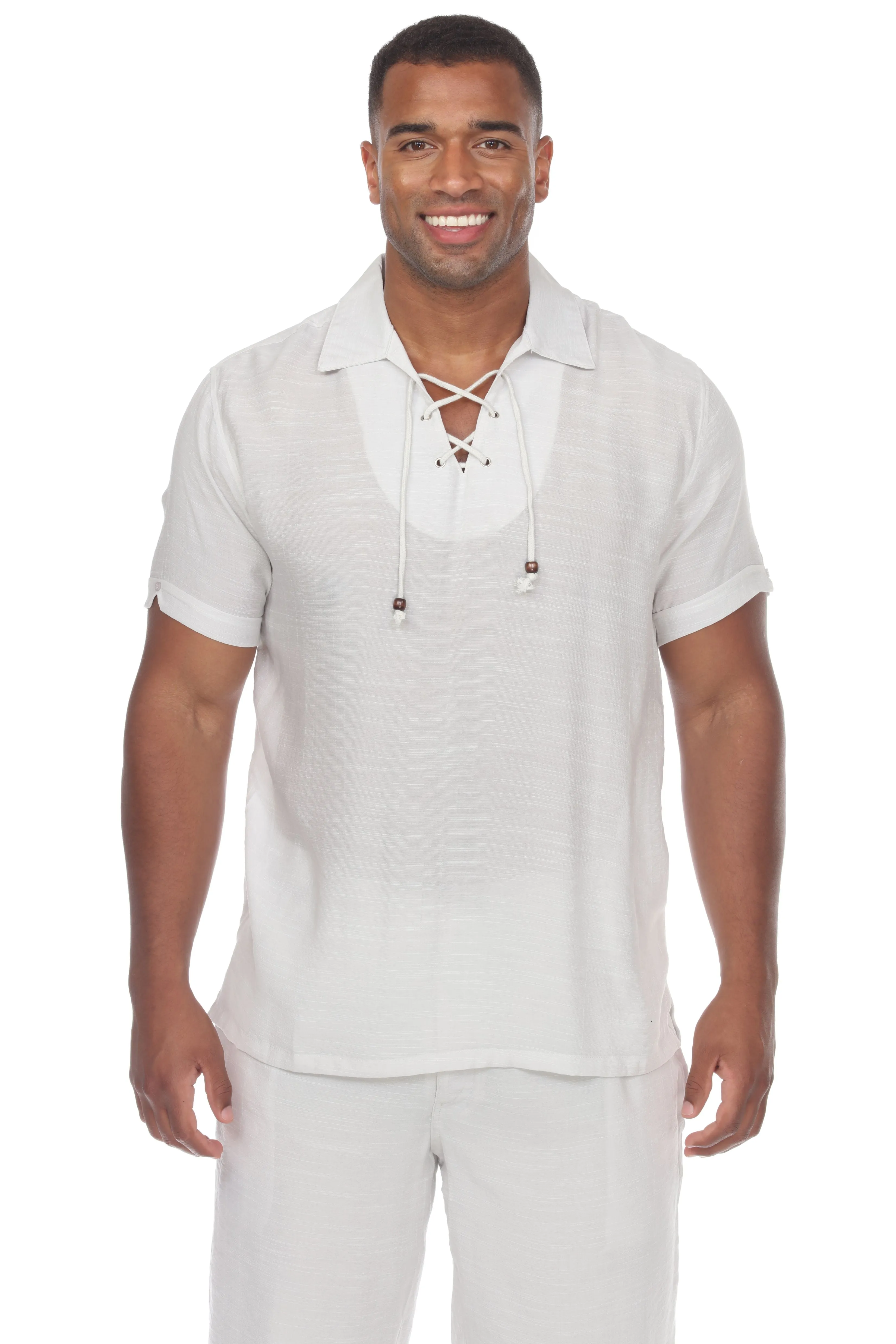 Men's Beach Casual Lace Up Shirt Short Sleeve