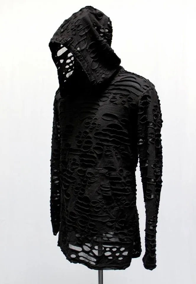 MEN'S LONG SLEEVE HOODIE - BLACK DECAYED FABRIC