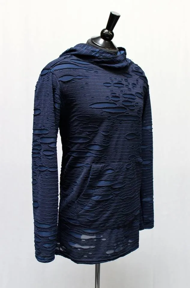 MEN'S LONG SLEEVE HOODIE - BLUE DECAYED FABRIC