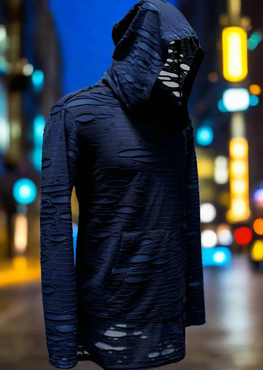 MEN'S LONG SLEEVE HOODIE - BLUE DECAYED FABRIC