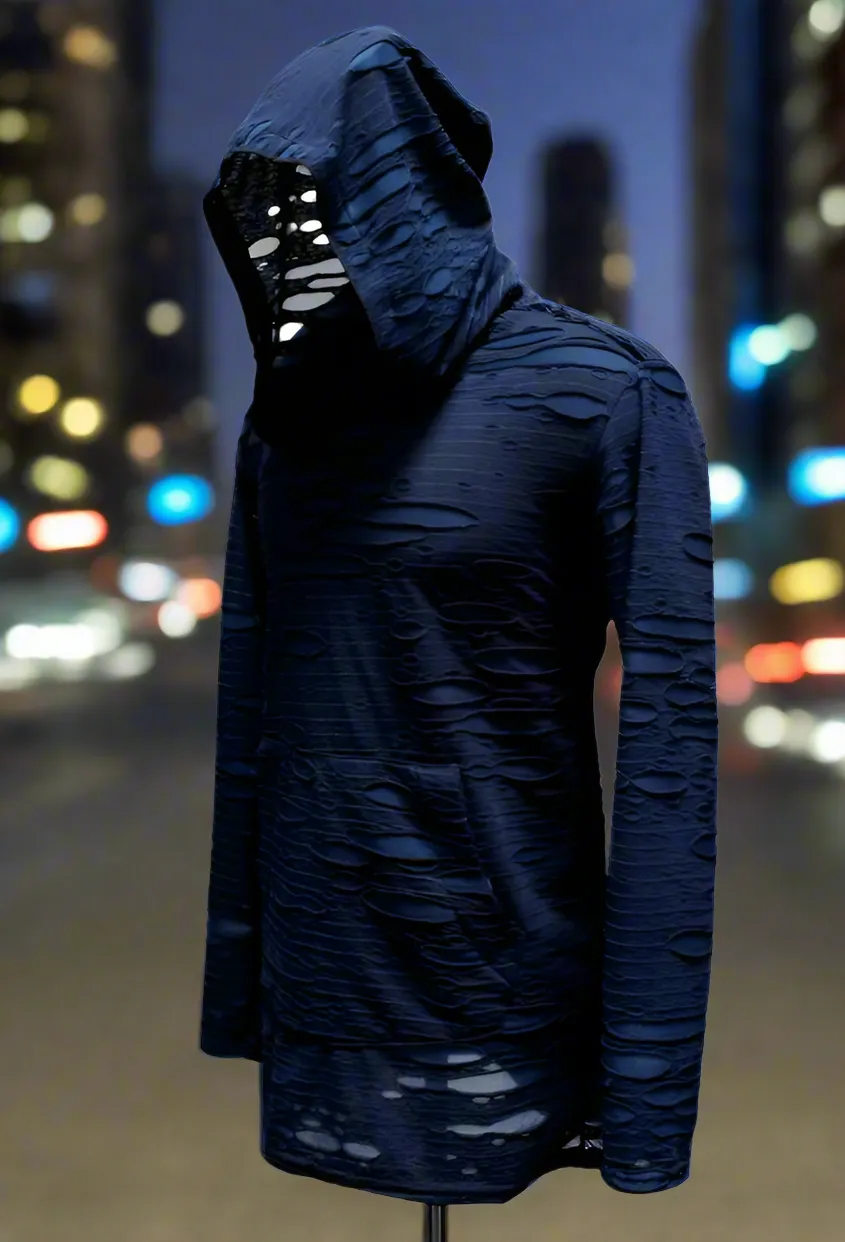 MEN'S LONG SLEEVE HOODIE - BLUE DECAYED FABRIC