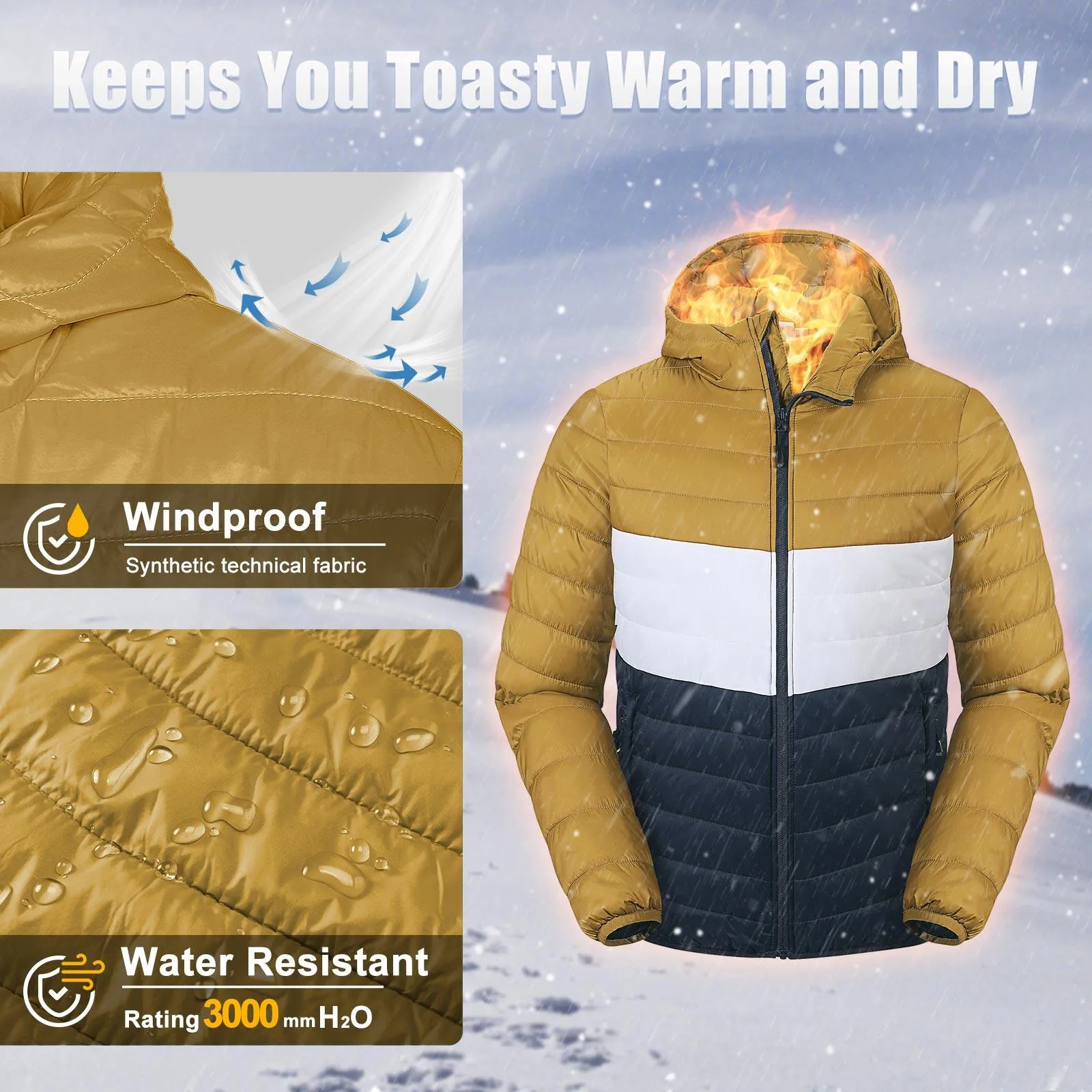 Men's Packable Puffer Jacket with Hood and 3 Pockets