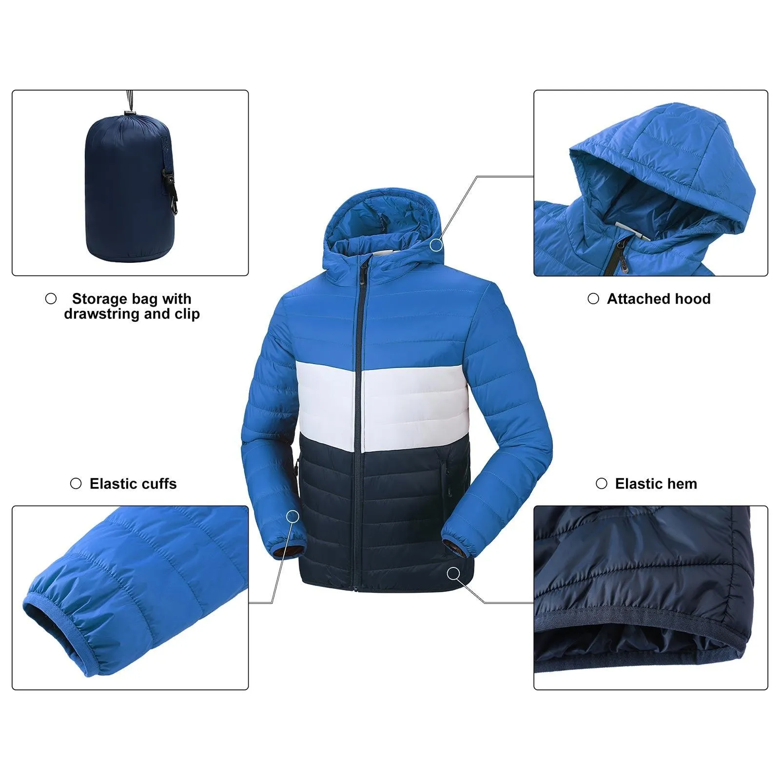 Men's Packable Puffer Jacket with Hood and 3 Pockets