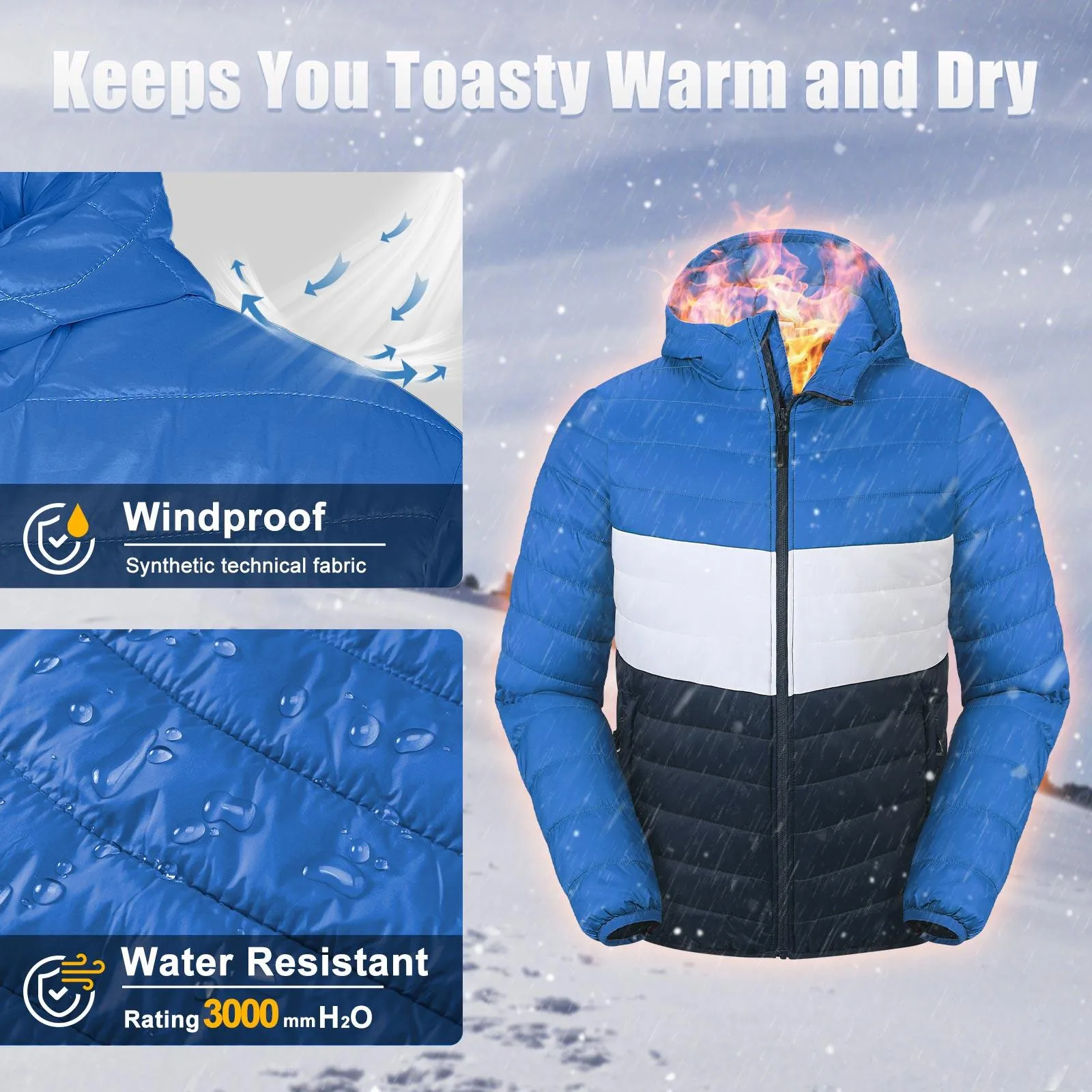 Men's Packable Puffer Jacket with Hood and 3 Pockets